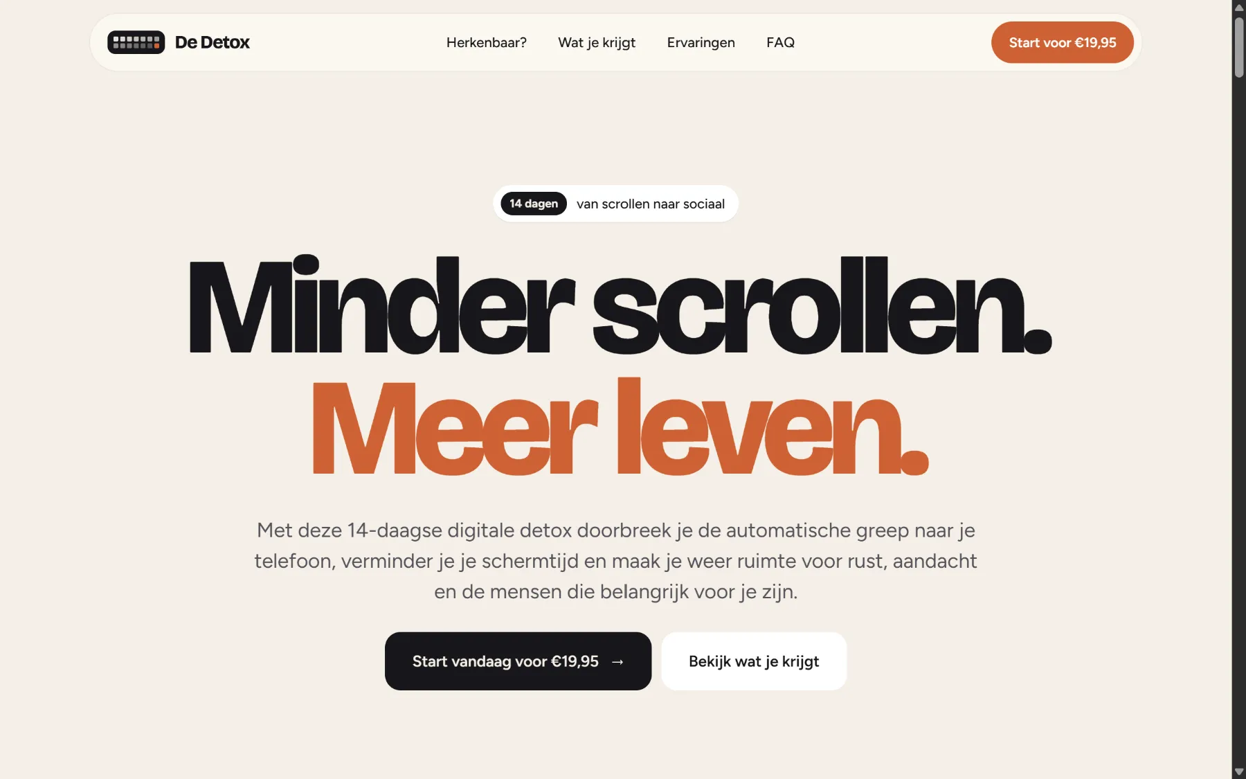 De 14 dagen detox, nieuwe homepage in een browservenster