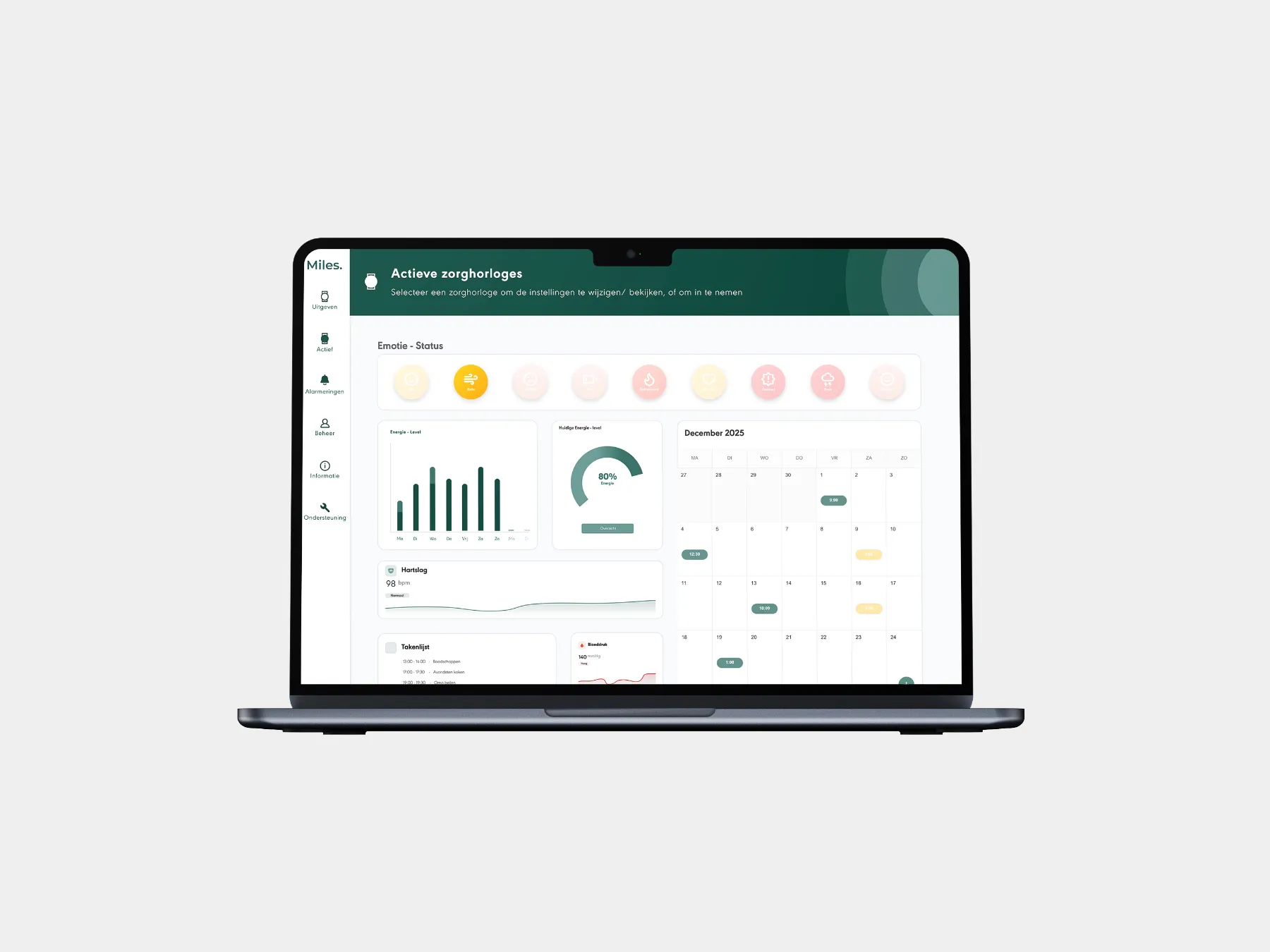 Miles dashboard op een MacBook-mockup