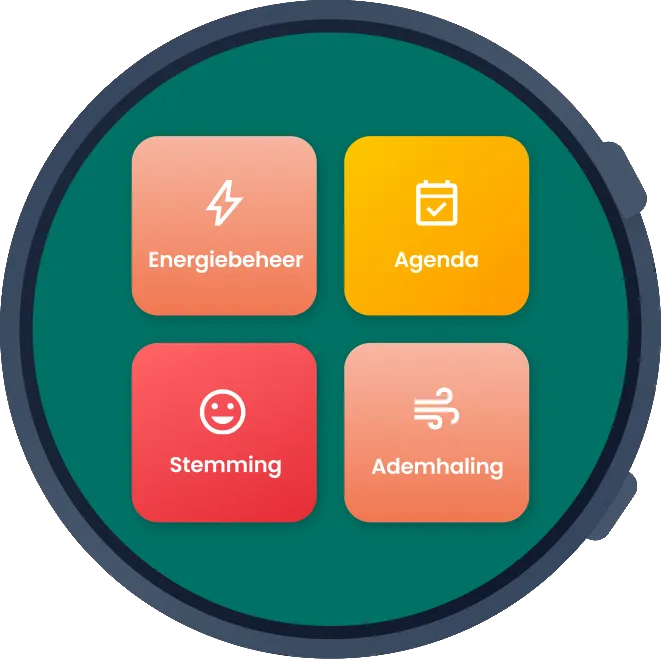 Smartwatch: Menu met Energiebeheer, Agenda, Stemming en Ademhaling